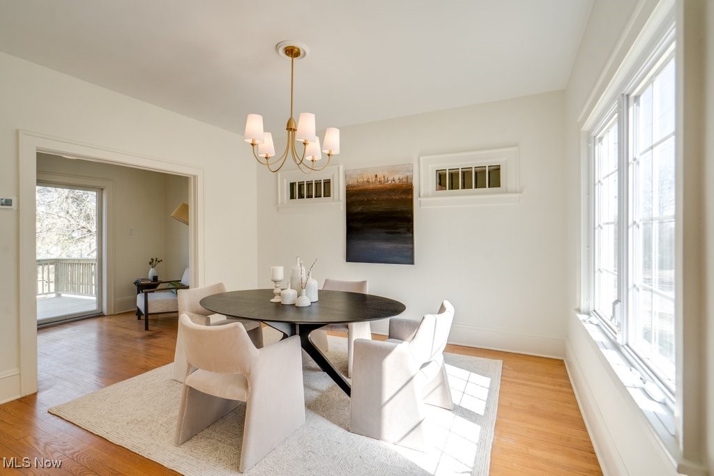 199 Edgerton Road Akron, OH 44303 - Photo 13 of 49 Dining space with a healthy amount of sunlight, light wood finished floors, and a chandelier