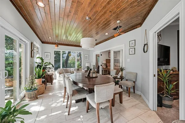 a view of a dining room with furniture window and outside view