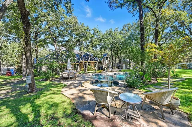 a view of a backyard with sitting area