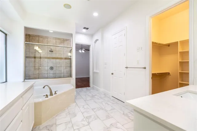 a bathroom with a bathtub and a shower