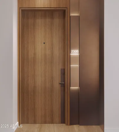 a bathroom with a glass door