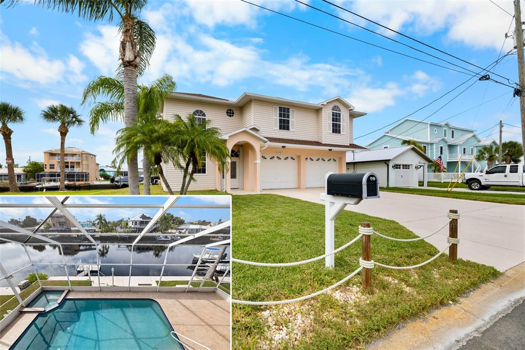 a swimming pool with outdoor seating and yard