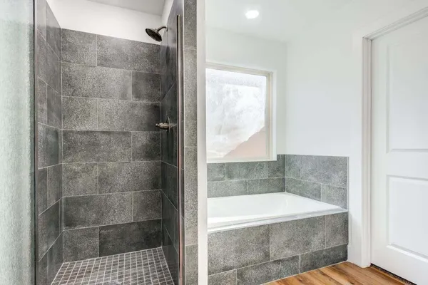 a bathroom with a bathtub