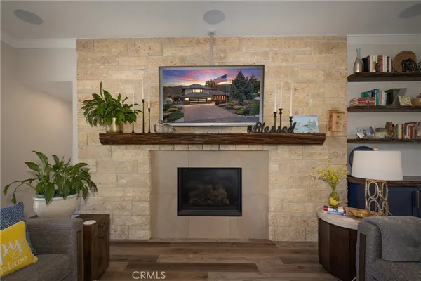 a living room with furniture and a fireplace