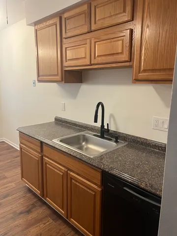 a kitchen with a sink cabinets and wooden floor