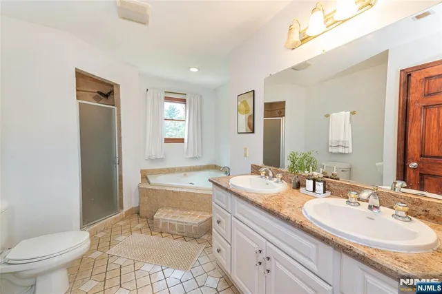 a bathroom with a granite countertop sink toilet mirror and a bathtub