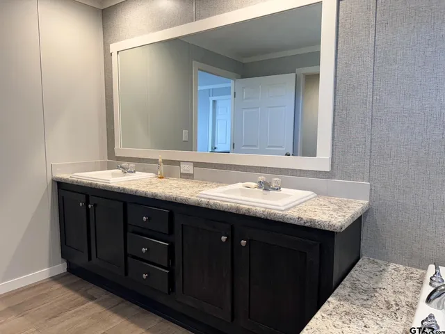 a bathroom with a granite countertop sink and a mirror