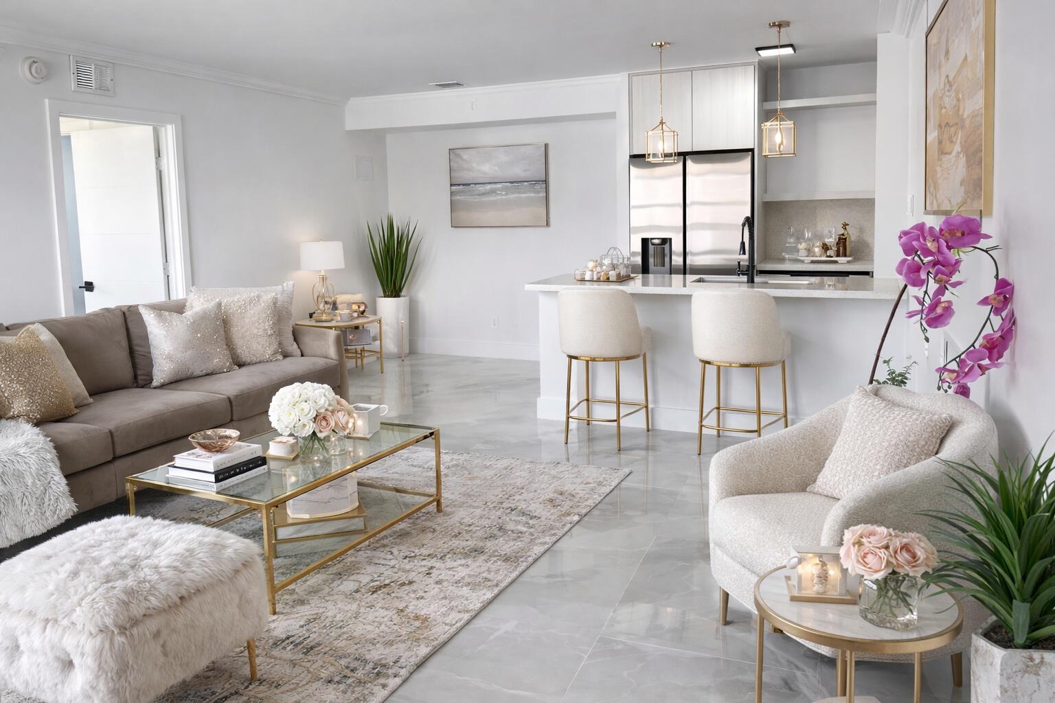 a living room with furniture and a dining table with wooden floor