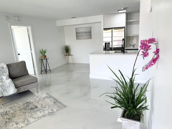 a living room with a couch and a potted plant