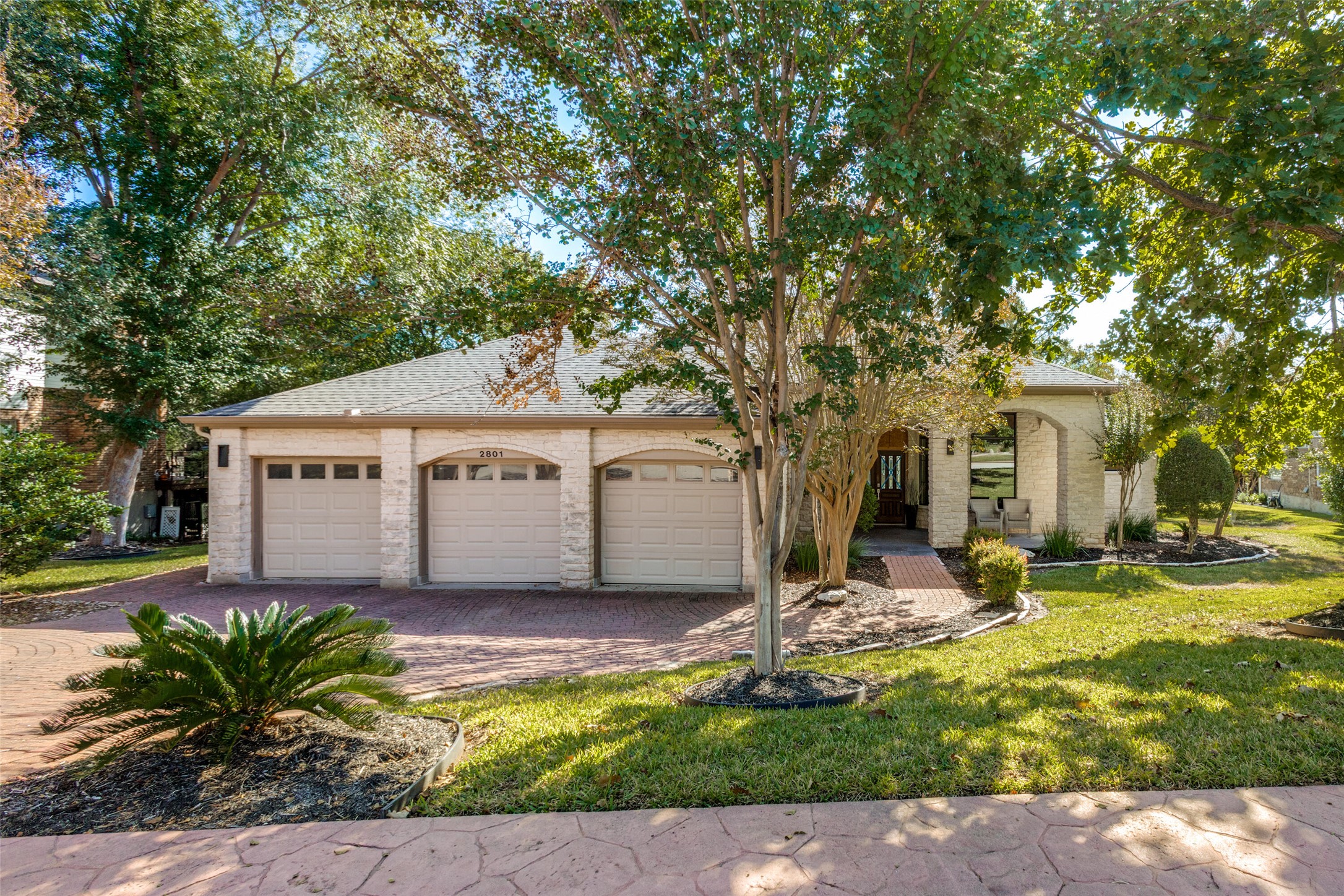 a view of a house with a small yard plants and a large tree