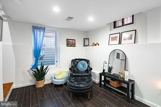 a living room with furniture and a potted plant