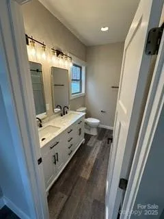 a bathroom with a double vanity sink mirror and toilet