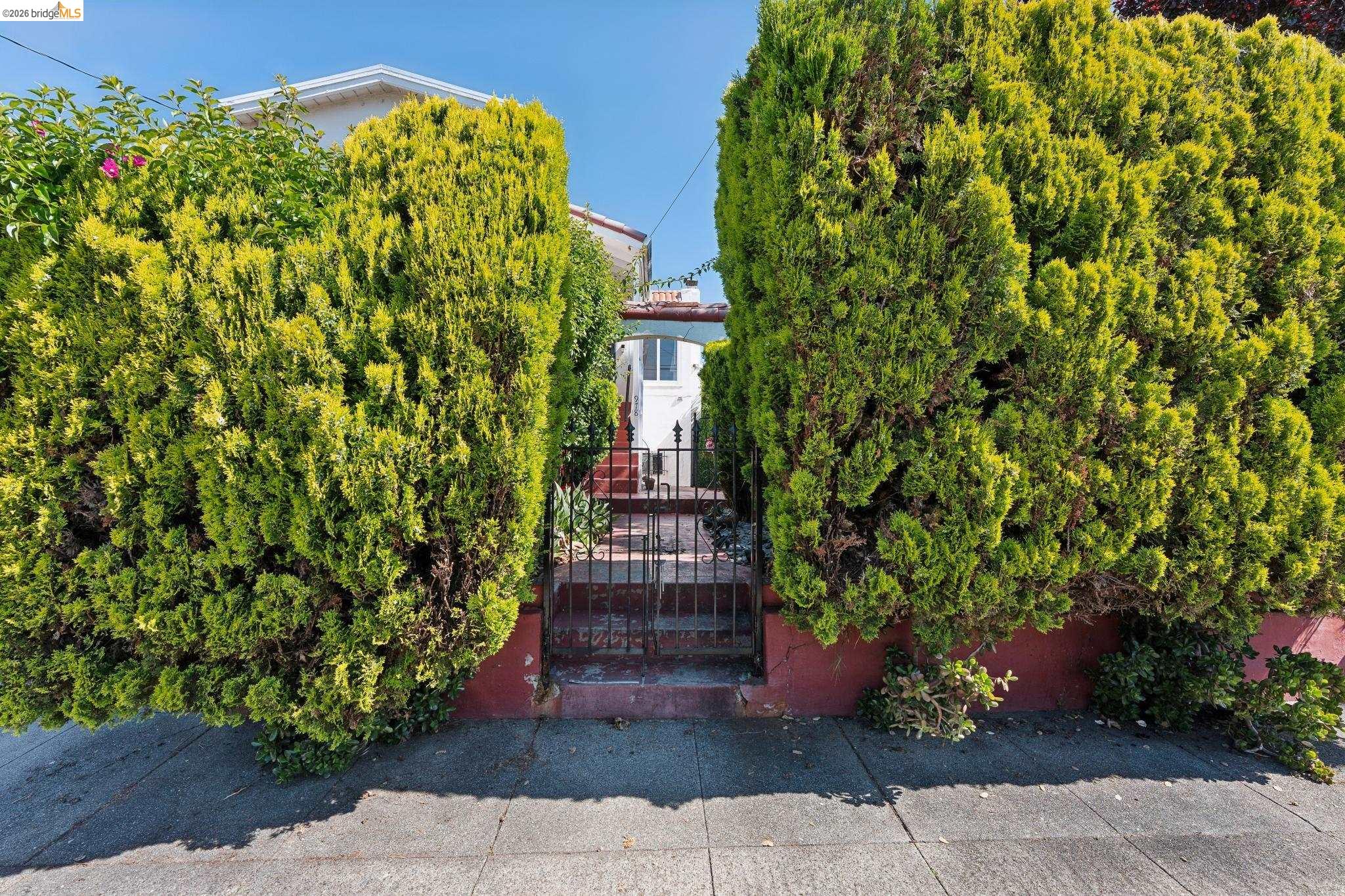 978 43rd Street Oakland, CA 94608 - Photo 3 of 46 Front entry with a wrought iron gate framed by mature evergreen hedges