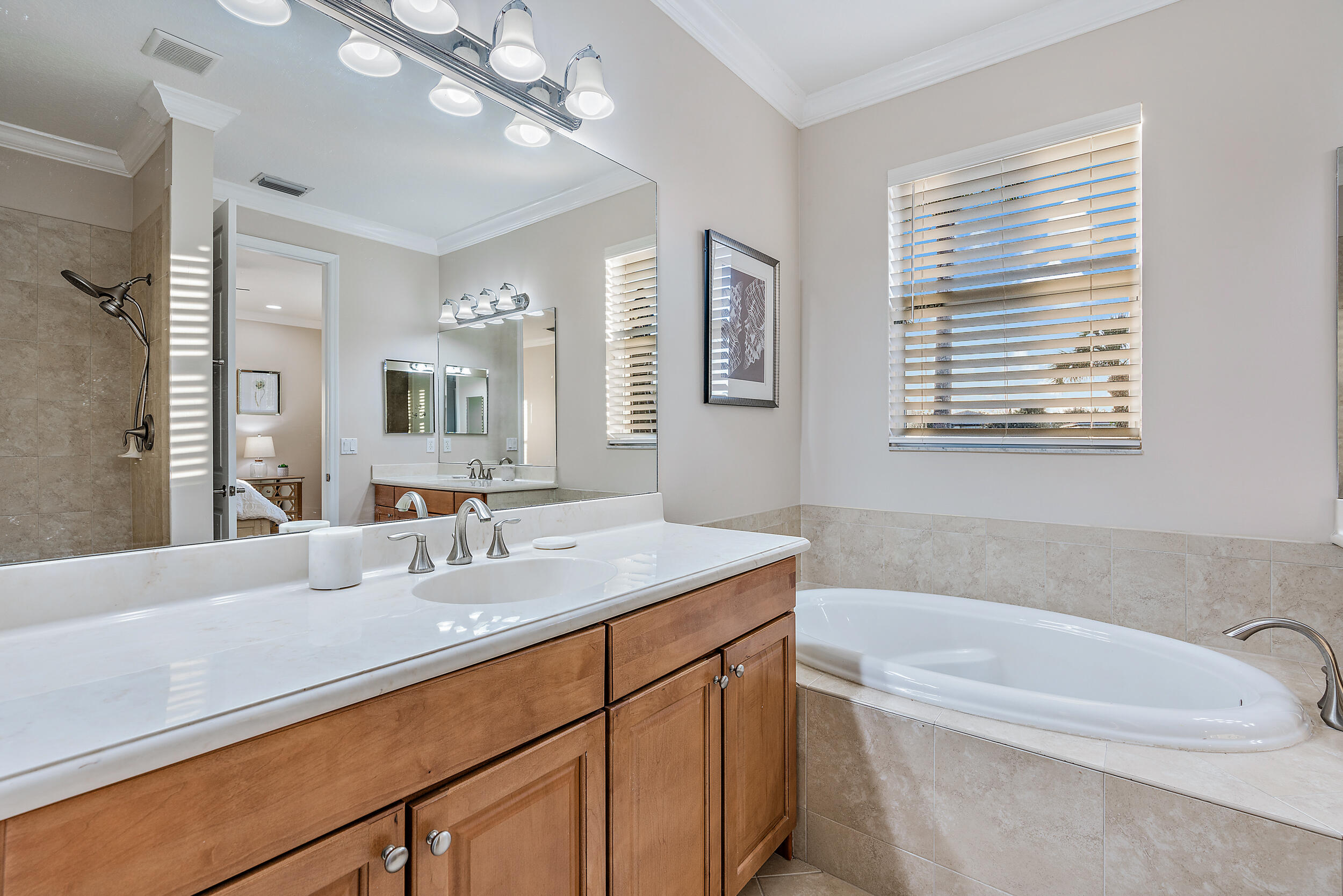 237 Porgee Rock Place Jupiter, FL 33458 - Photo 29 of 47 a bathroom with a granite countertop sink a large mirror a bathtub and next to a window