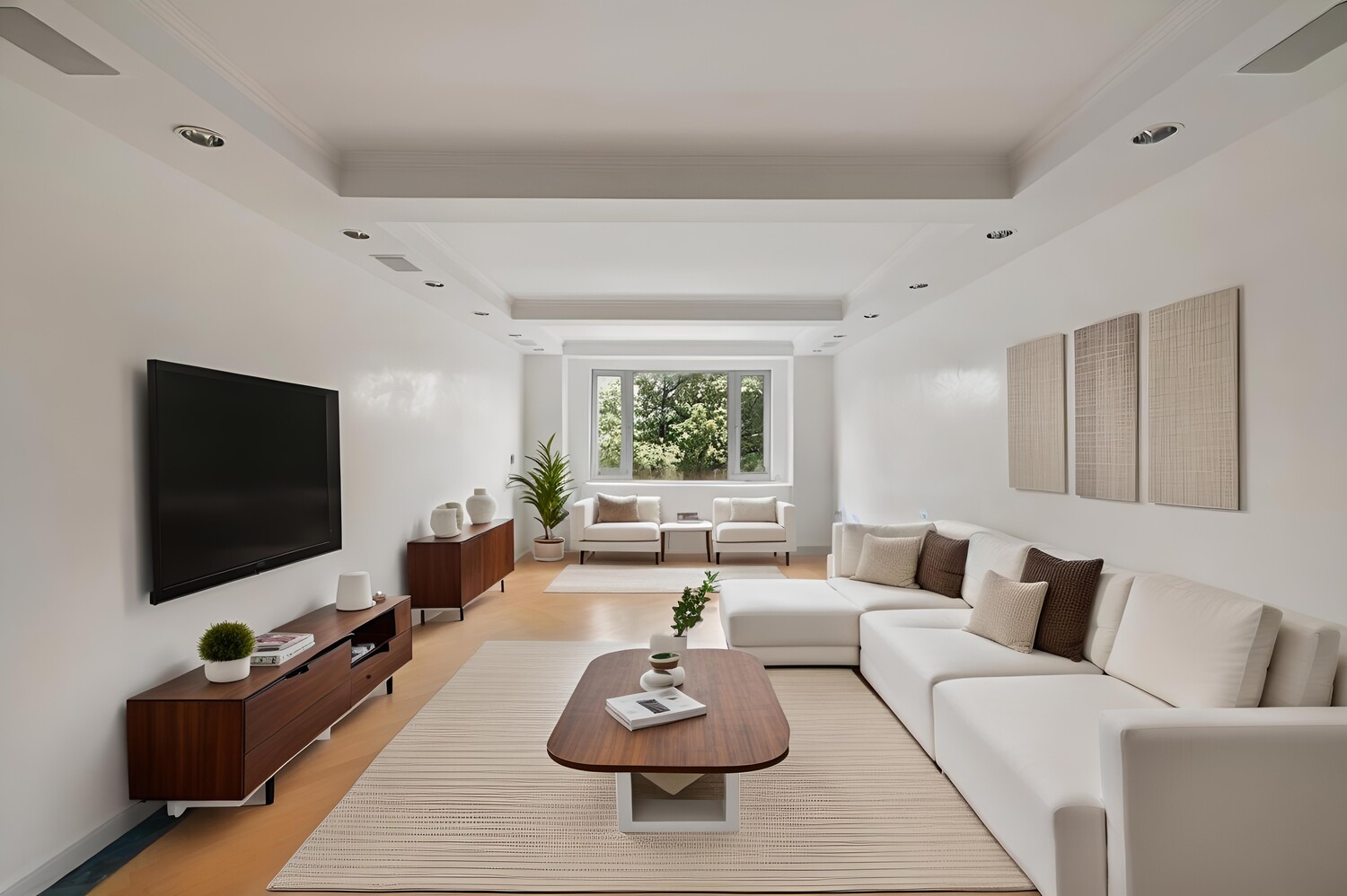 120 Central Park South, Unit 6AB Manhattan, NY 10019 - Photo 1 of 10 a living room with furniture a flat screen tv and a large window
