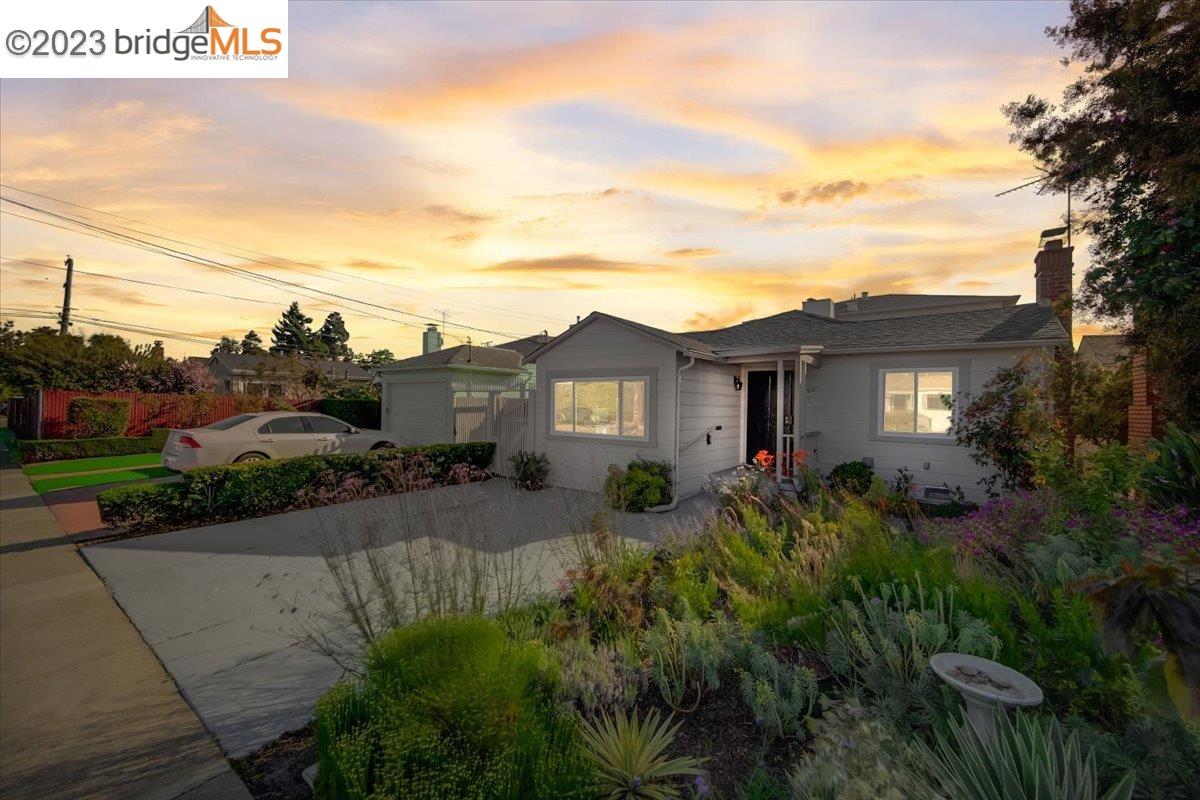 a view of a house with a small yard plants and a large tree