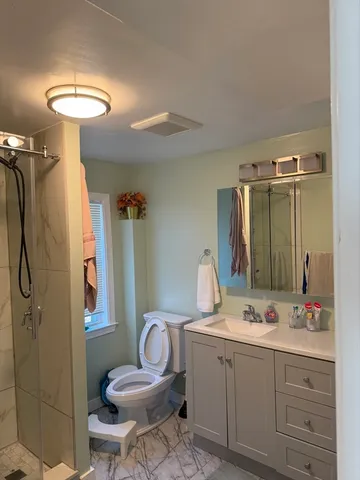 a bathroom with a double vanity sink toilet and shower