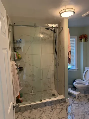 a bathroom with a shower and a toilet