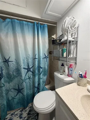 a bathroom with a sink a toilet and shower curtain