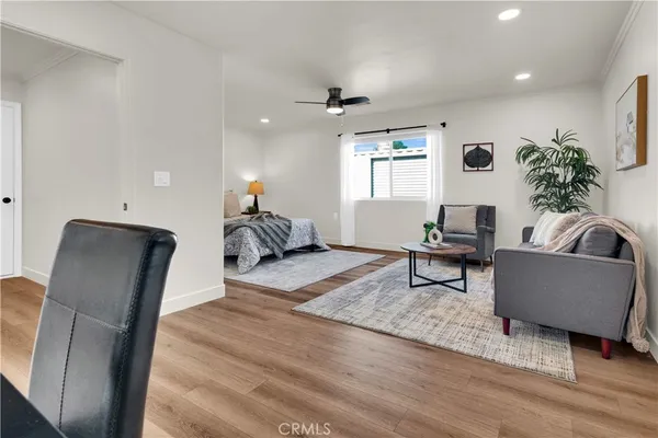 a living room with furniture and a potted plant