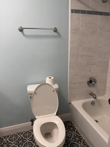 a white toilet sitting next to a bath tub