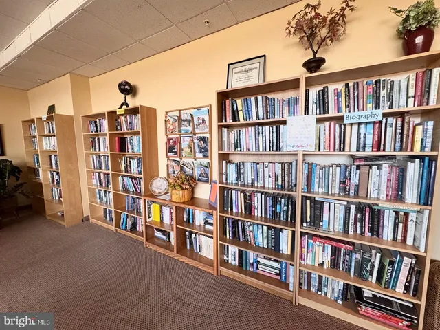 a living room with a book shelf and a book shelf