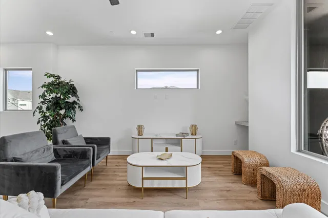 a living room with furniture and a potted plant