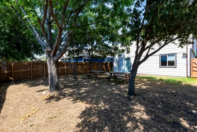 a view of a back yard with a house and a tree