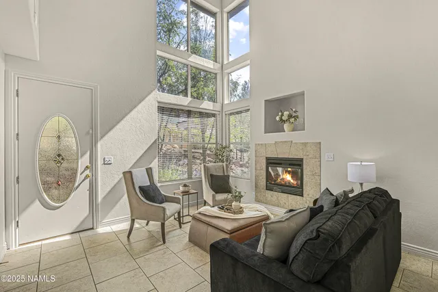 a living room with furniture a fireplace and a floor to ceiling window