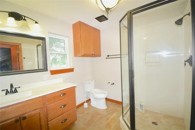 a bathroom with a shower sink vanity mirror and toilet