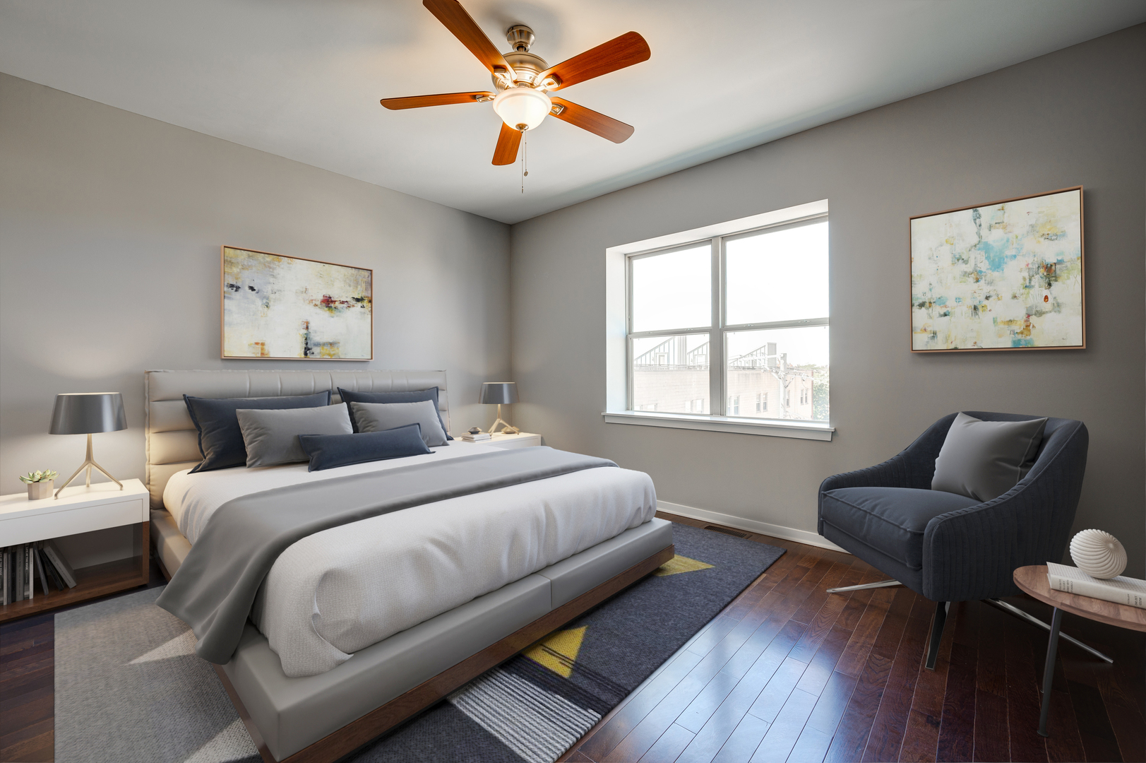 1038 South Racine Avenue, Unit 301 Chicago, IL 60607 - Photo 12 of 24 a bedroom with bed and wooden floor