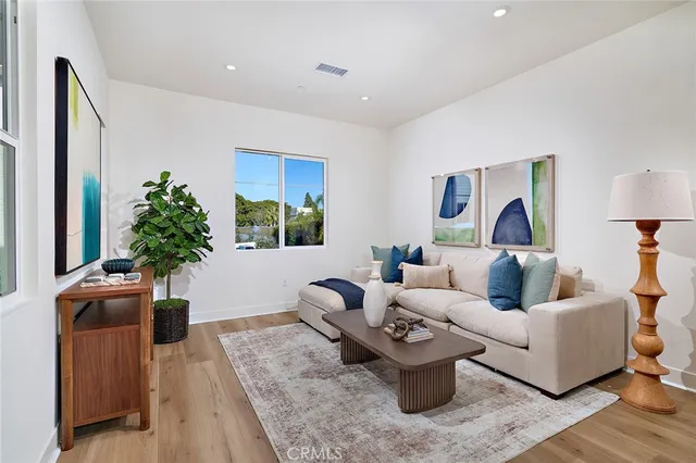 a living room with furniture and a potted plant