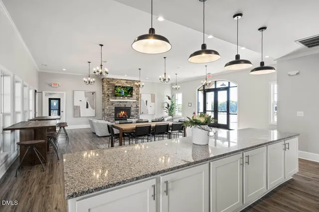 a living room with furniture a chandelier and a fireplace
