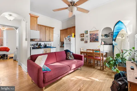 a living room with furniture fireplace and a potted plant