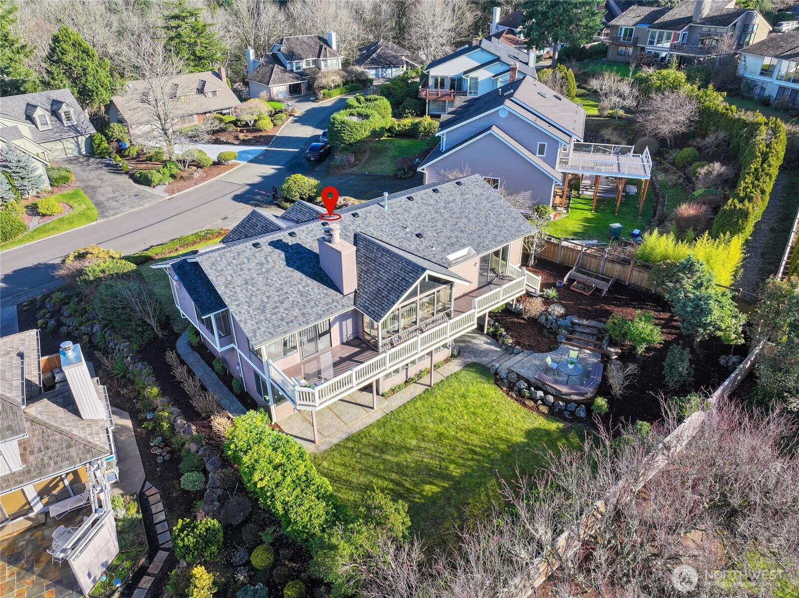 4727 155th Place Southeast Bellevue, WA 98006 - Photo 32 of 38 an aerial view of a house with a garden and lake view