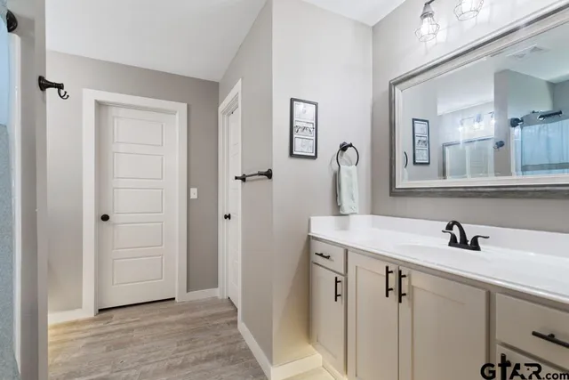 a bathroom with a sink and a mirror