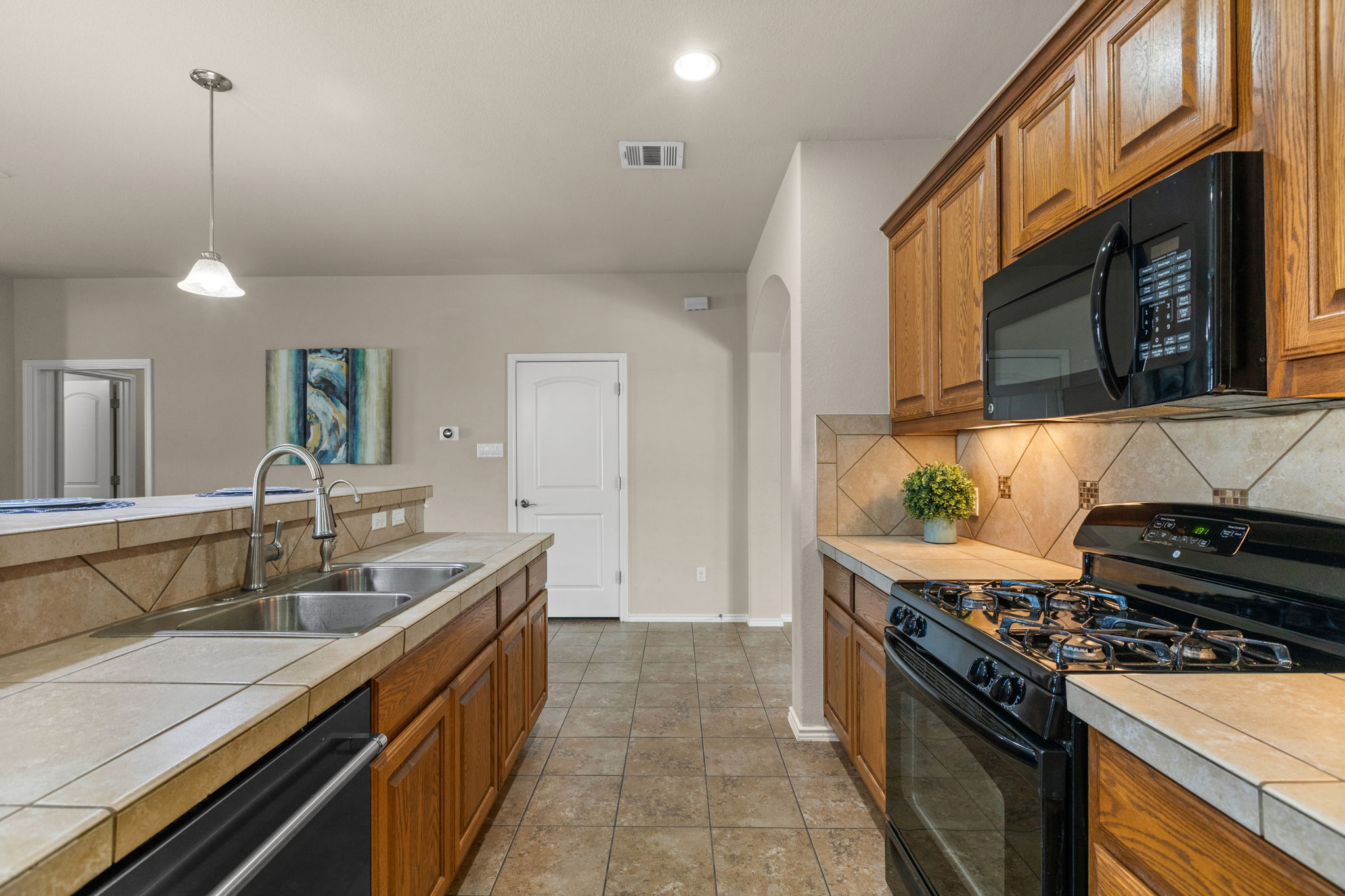 221 Blossom Valley Streme Buda, TX 78610 - Photo 16 of 40 a kitchen with stainless steel appliances granite countertop a sink and stove