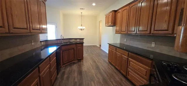 a kitchen with stainless steel appliances granite countertop a stove a sink dishwasher and cabinets with wooden floor