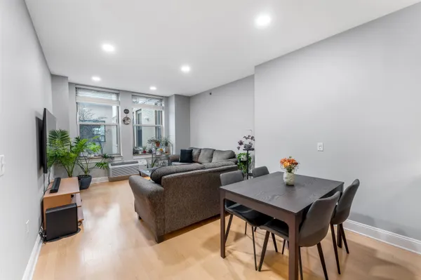 a living room with furniture and a potted plant