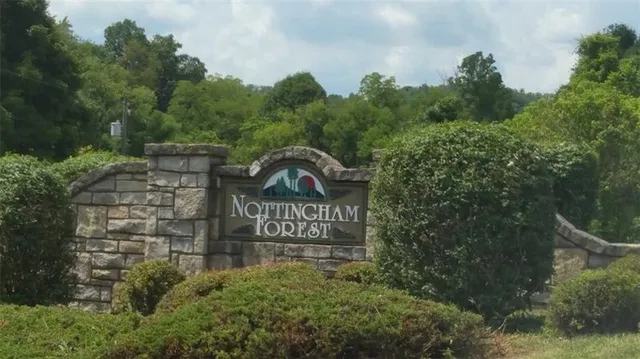 a view of outdoor space with signage and flags