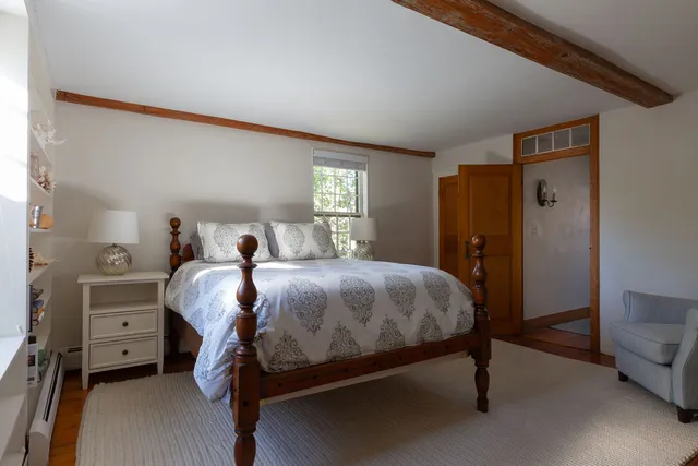 a bedroom with a bed and a fireplace