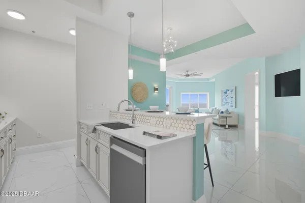 a living room with furniture and a mirror