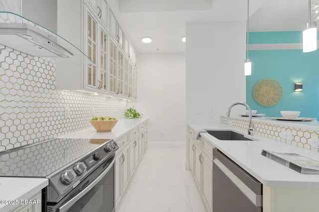 a view of a table and chairs in a room