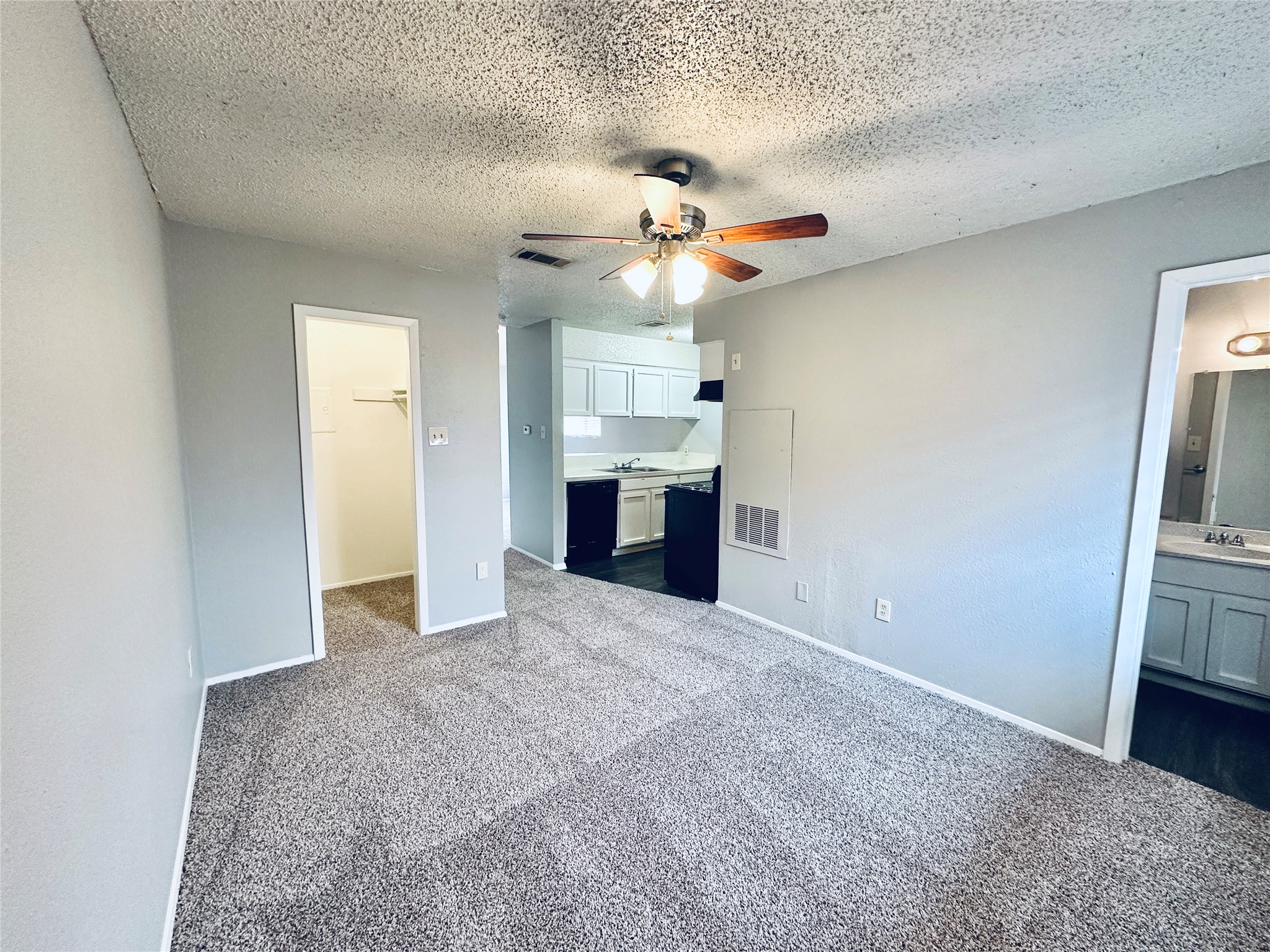 3702 South 2nd Street, Unit 203 Austin, TX 78704 - Photo 8 of 11 Unfurnished bedroom featuring ensuite bath, dark carpet, a spacious closet, a ceiling fan, and a textured ceiling