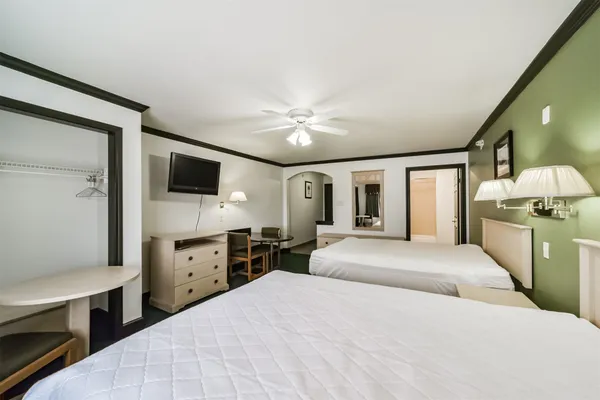 a bedroom with a large bed and a tv