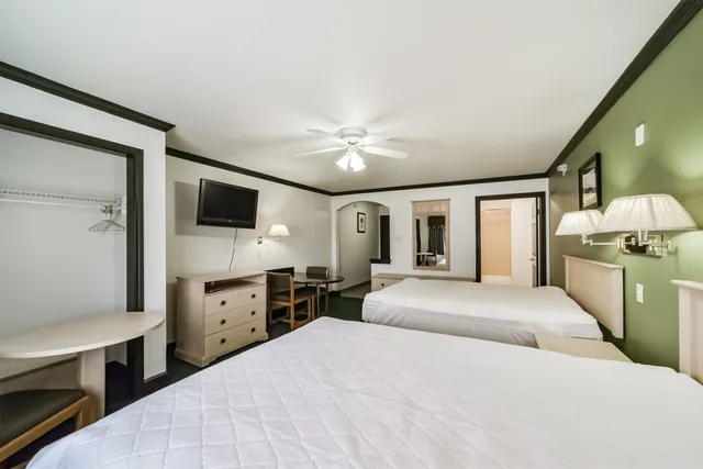 a bedroom with a large bed and a tv