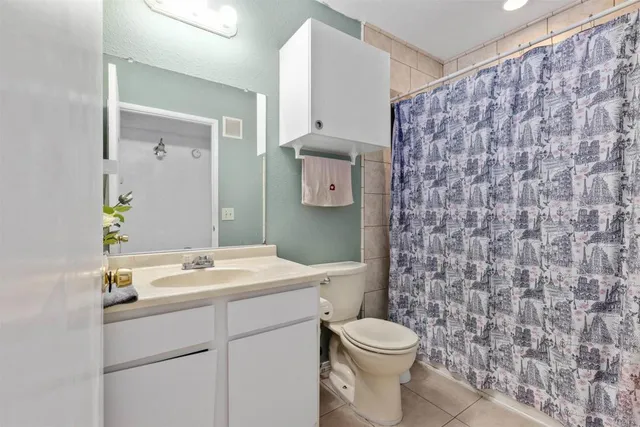 a bathroom with a sink a toilet and shower curtain