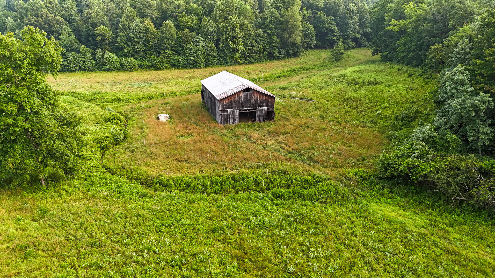 0 Thorp Ridge Wallingford, KY 41093 - Photo 5 of 28 Rustic barn structure with a metal roof, set within an expansive field of varying green and golden grasses