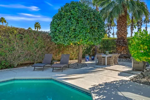 a view of a patio with table and chairs potted plants and palm tree