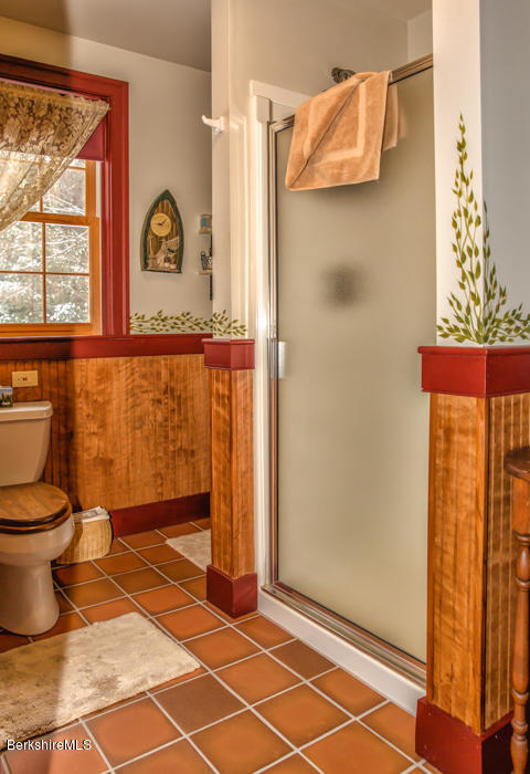 99 Kibbe Road Otis, MA 01029 - Photo 42 of 58 a bathroom with a toilet and a shower curtain